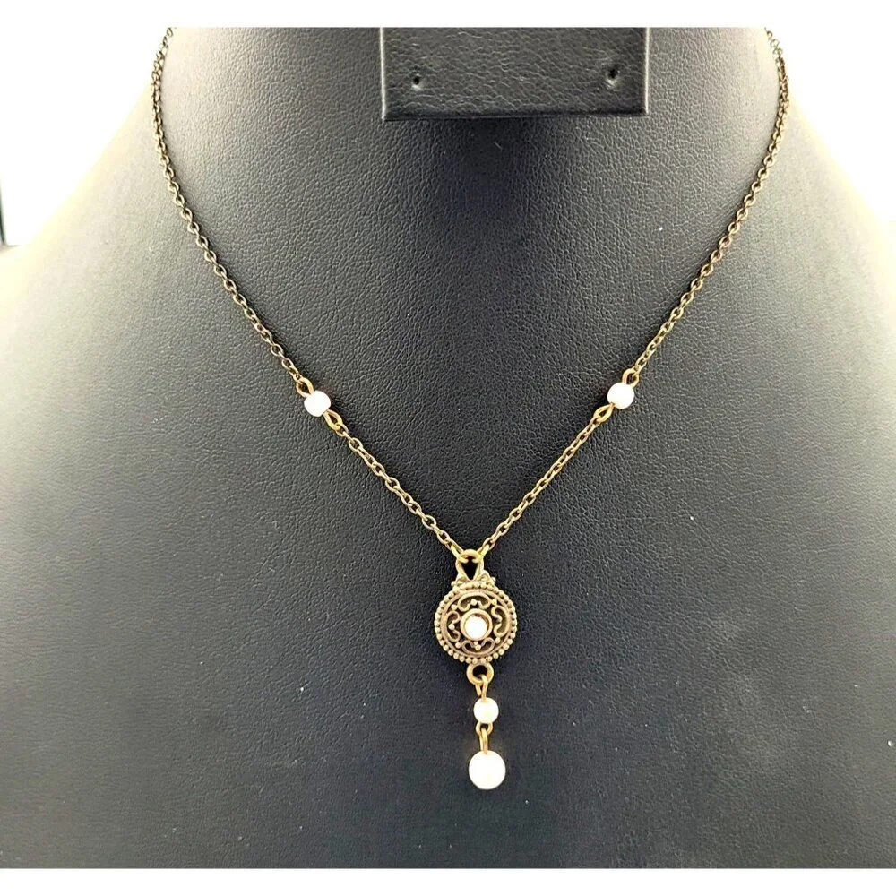 Vintage-Style Bronze Necklace Pink Pearl Accents & Ornate Central Pendant 16" - Picture 1 of 5